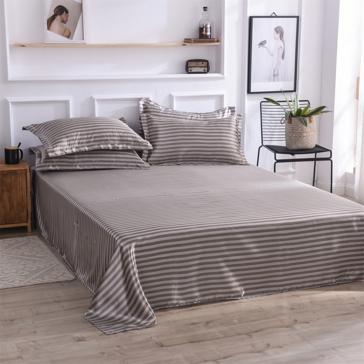 91家纺网 家纺一手货源 找家纺 经年 2026年条纹丝绸冰丝四件套 咖啡中条