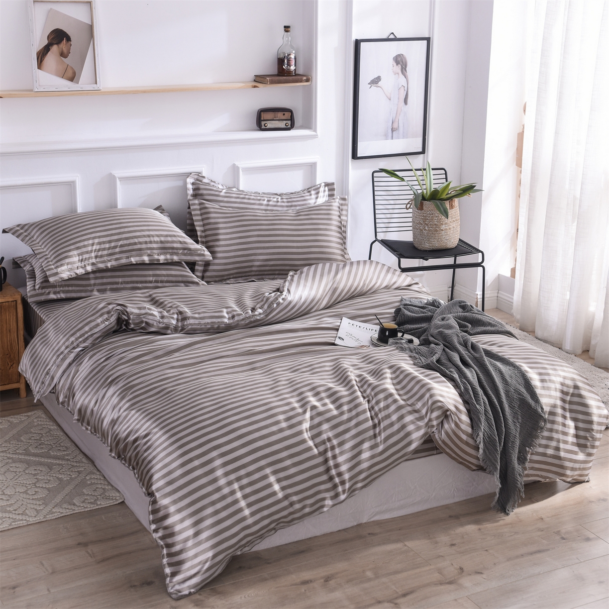 91家纺网 家纺一手货源 找家纺 经年 2026年条纹丝绸冰丝四件套 咖啡中条