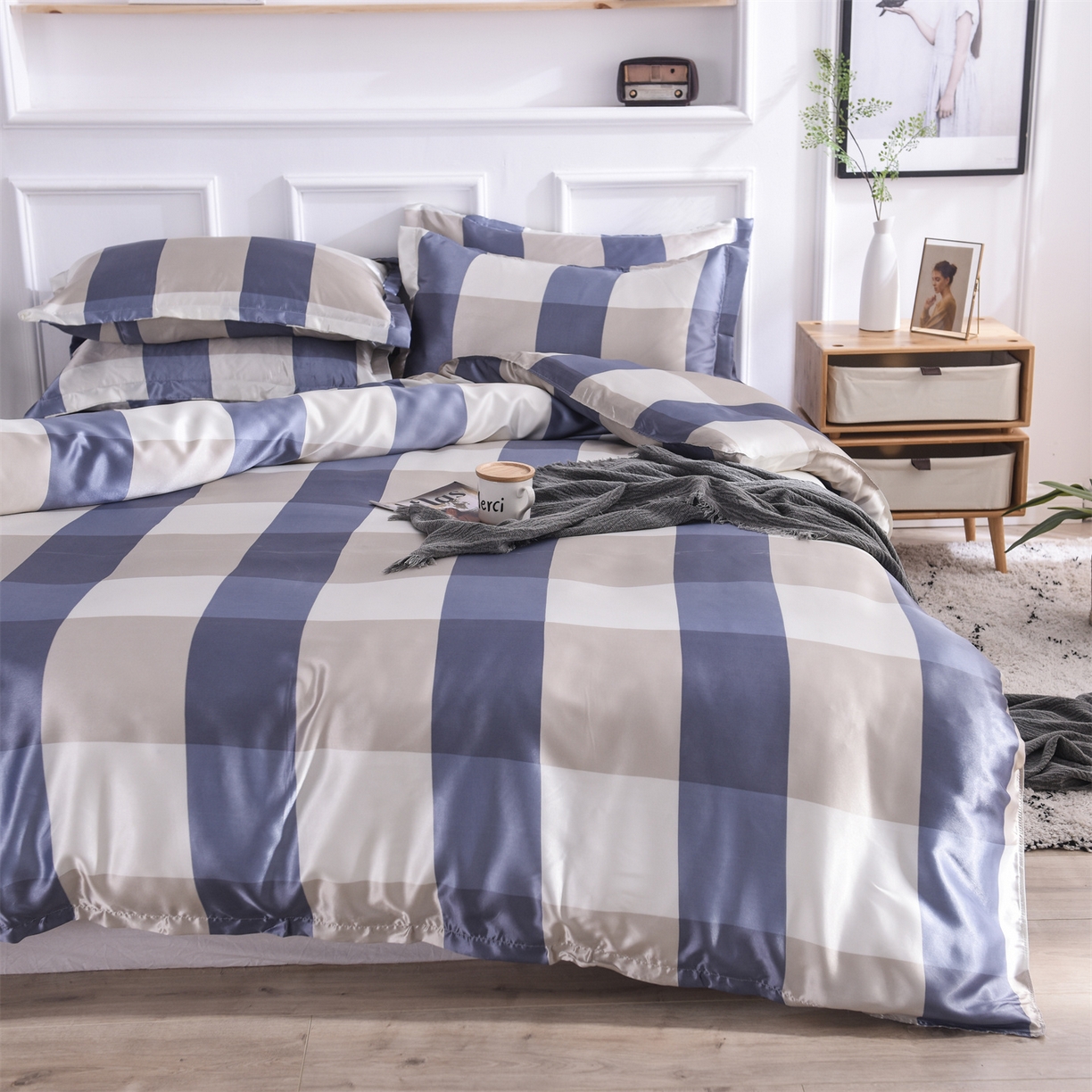 经年 2026年条纹丝绸冰丝四件套 蓝白大格