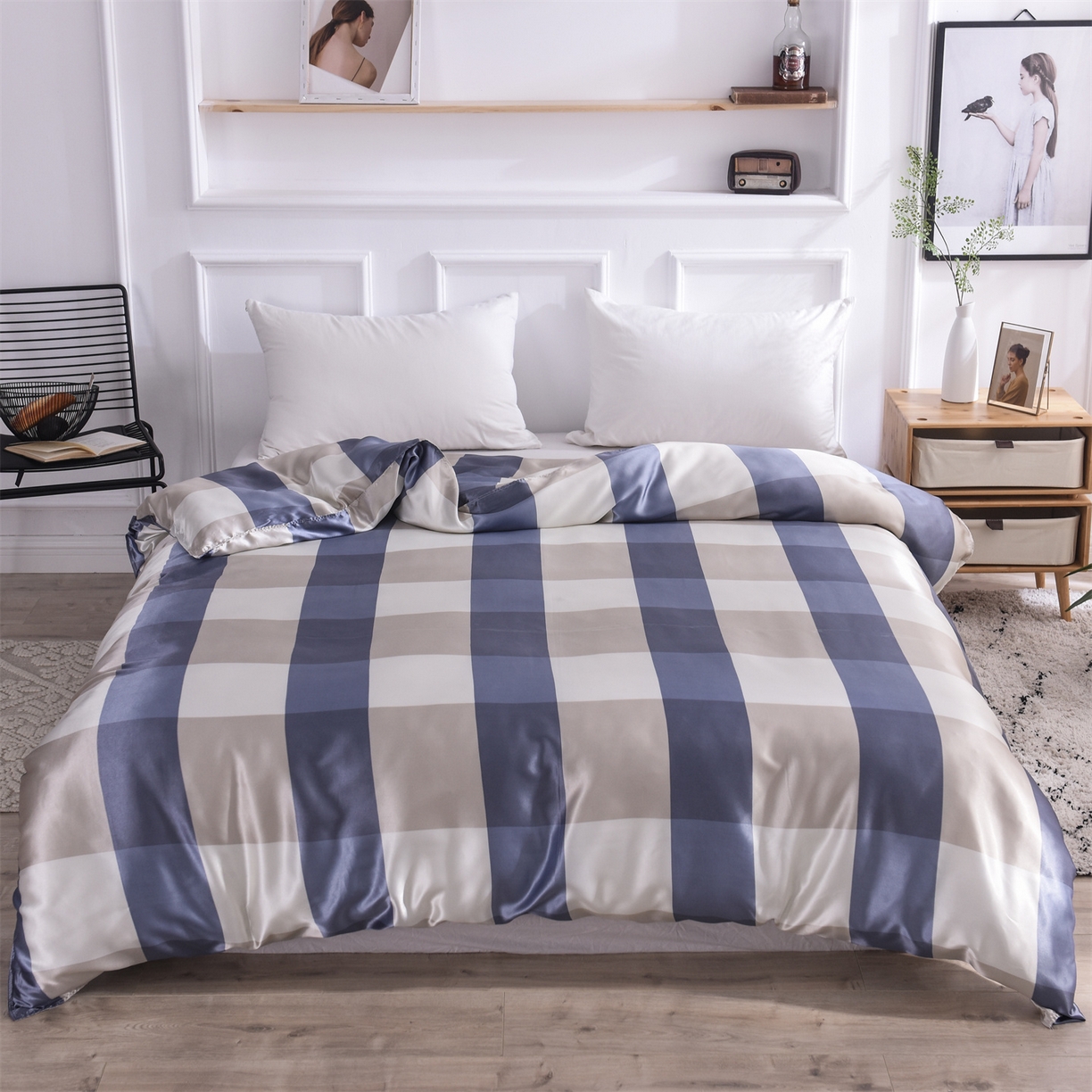 91家纺网 家纺一手货源 找家纺 经年 2026年条纹丝绸冰丝四件套 蓝白大格