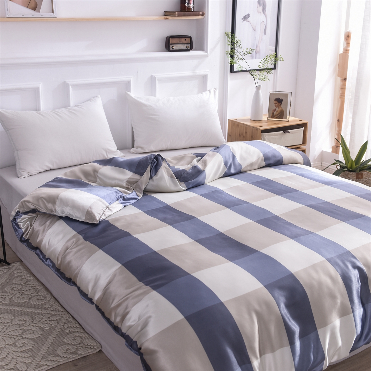 91家纺网 家纺一手货源 找家纺 经年 2026年条纹丝绸冰丝四件套 蓝白大格