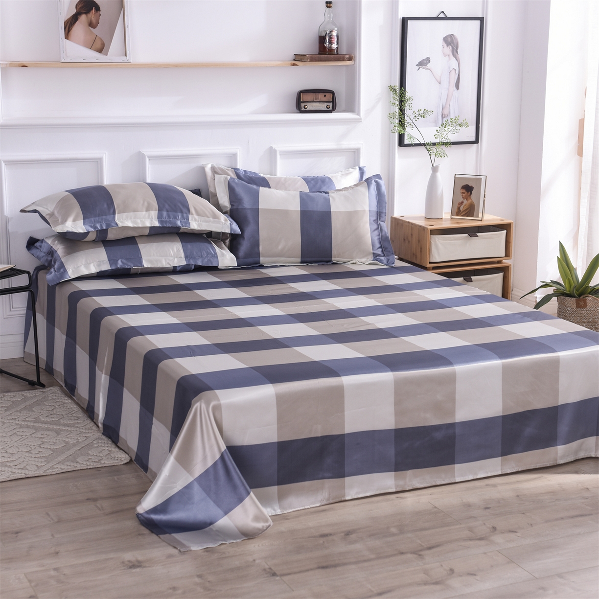 91家纺网 家纺一手货源 找家纺 经年 2026年条纹丝绸冰丝四件套 蓝白大格