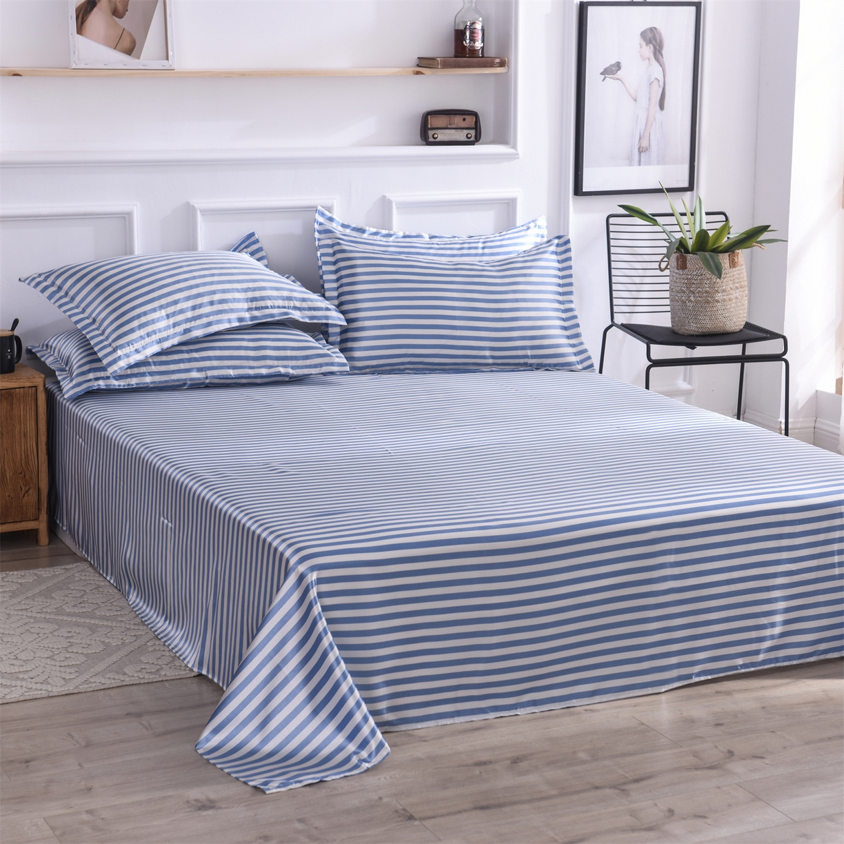 91家纺网 家纺一手货源 找家纺 经年 2026年条纹丝绸冰丝四件套 蓝中条