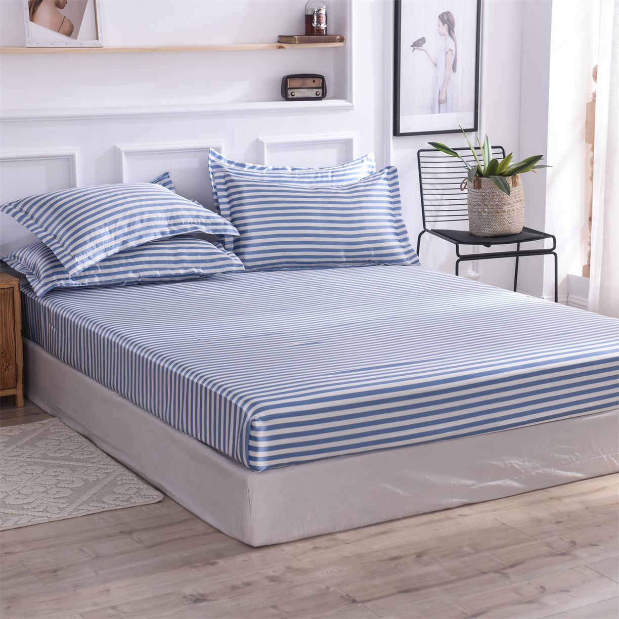 91家纺网 家纺一手货源 找家纺 经年 2026年条纹丝绸冰丝四件套 蓝中条