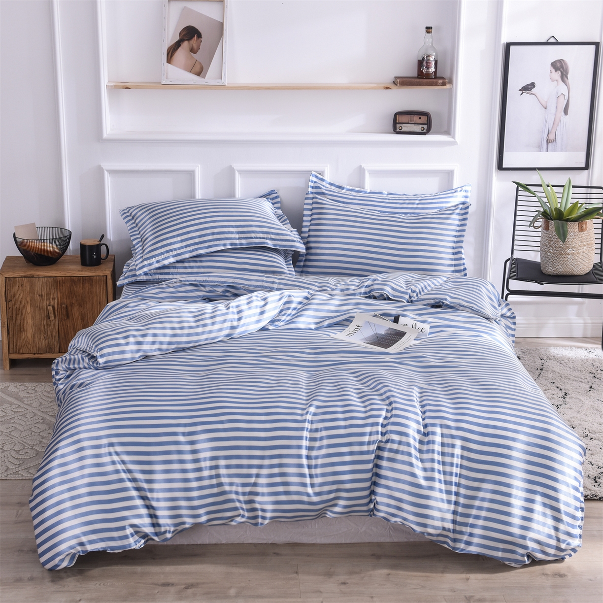 91家纺网 家纺一手货源 找家纺 经年 2026年条纹丝绸冰丝四件套 蓝中条