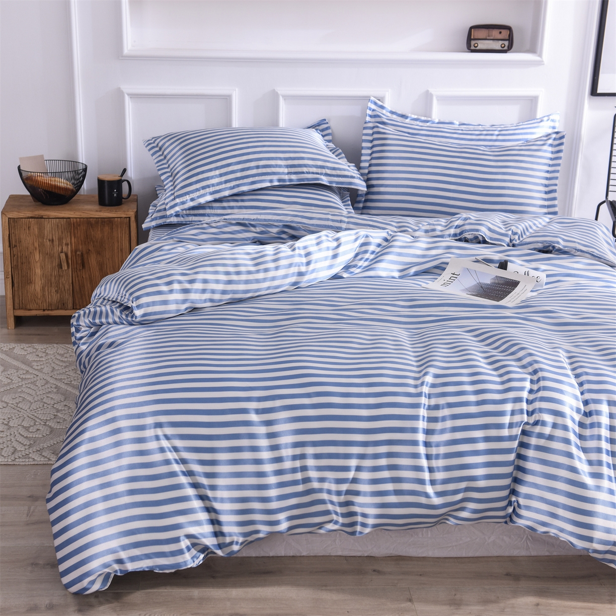 91家纺网 家纺一手货源 找家纺 经年 2026年条纹丝绸冰丝四件套 蓝中条