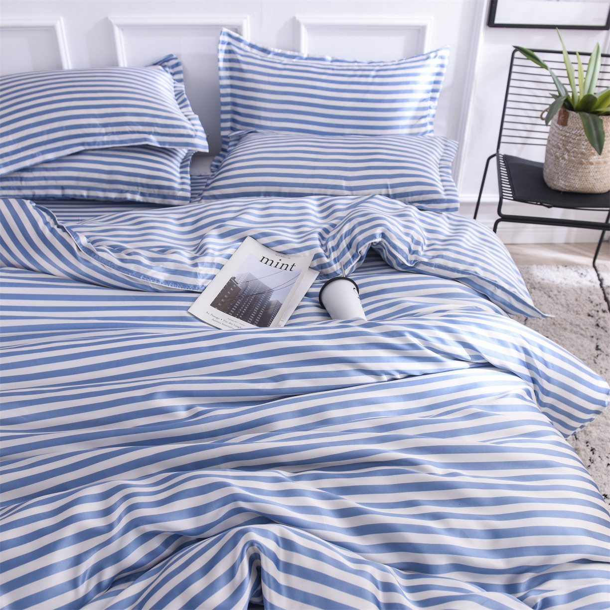 91家纺网 家纺一手货源 找家纺 经年 2026年条纹丝绸冰丝四件套 蓝中条