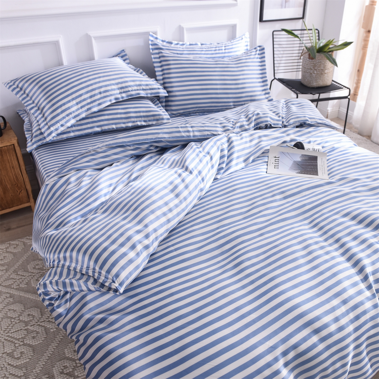 91家纺网 家纺一手货源 找家纺 经年 2026年条纹丝绸冰丝四件套 蓝中条