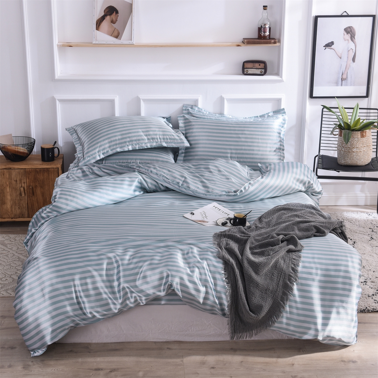 91家纺网 家纺一手货源 找家纺 经年 2026年条纹丝绸冰丝四件套 浅绿中条