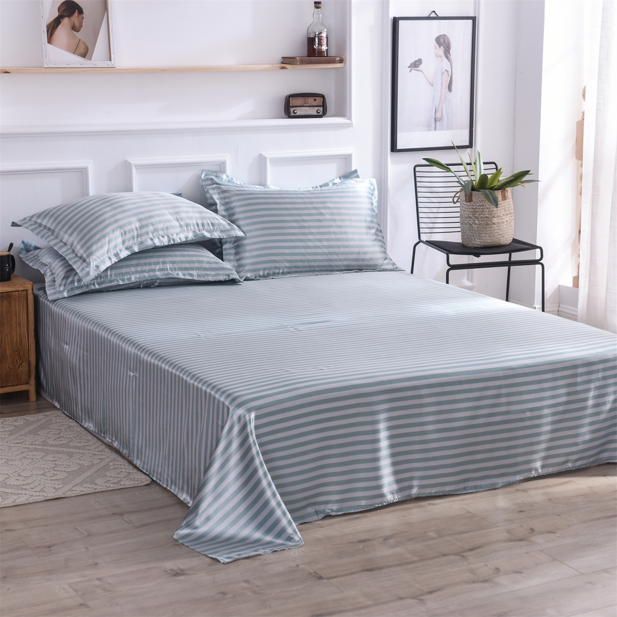 91家纺网 家纺一手货源 找家纺 经年 2026年条纹丝绸冰丝四件套 浅绿中条