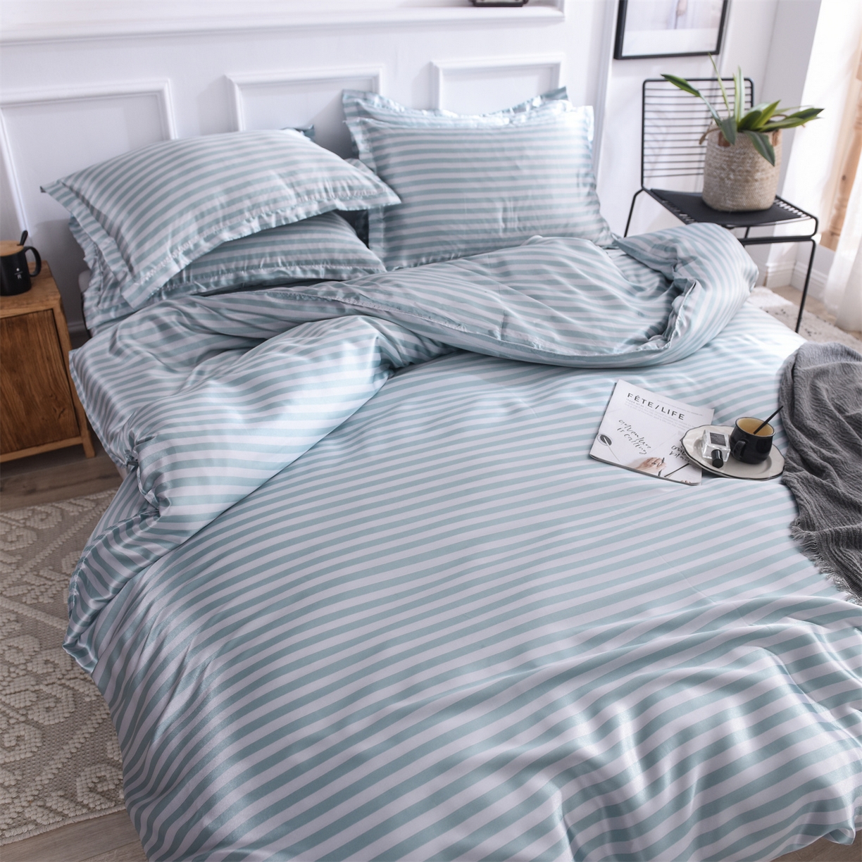 91家纺网 家纺一手货源 找家纺 经年 2026年条纹丝绸冰丝四件套 浅绿中条