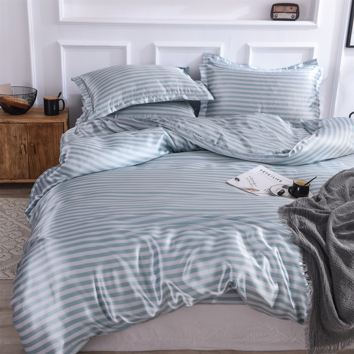 91家纺网 家纺一手货源 找家纺 经年 2026年条纹丝绸冰丝四件套 浅绿中条