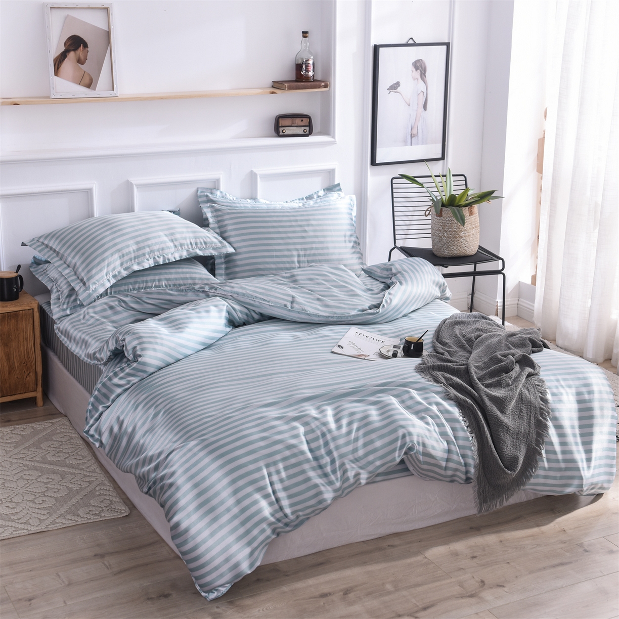 91家纺网 家纺一手货源 找家纺 经年 2026年条纹丝绸冰丝四件套 浅绿中条