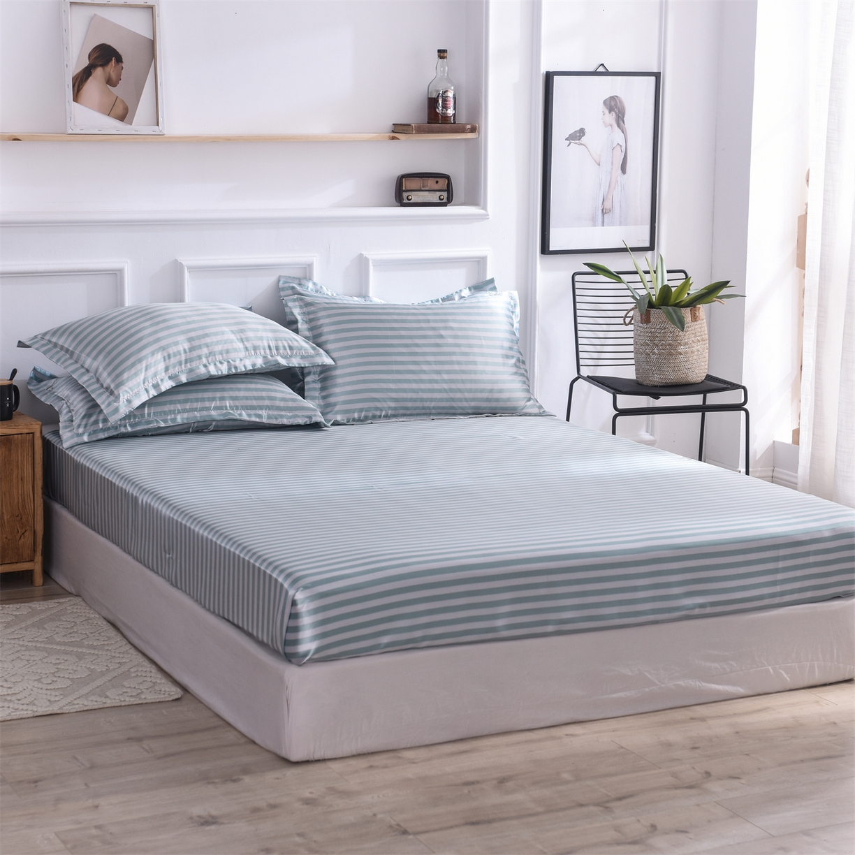 91家纺网 家纺一手货源 找家纺 经年 2026年条纹丝绸冰丝四件套 浅绿中条