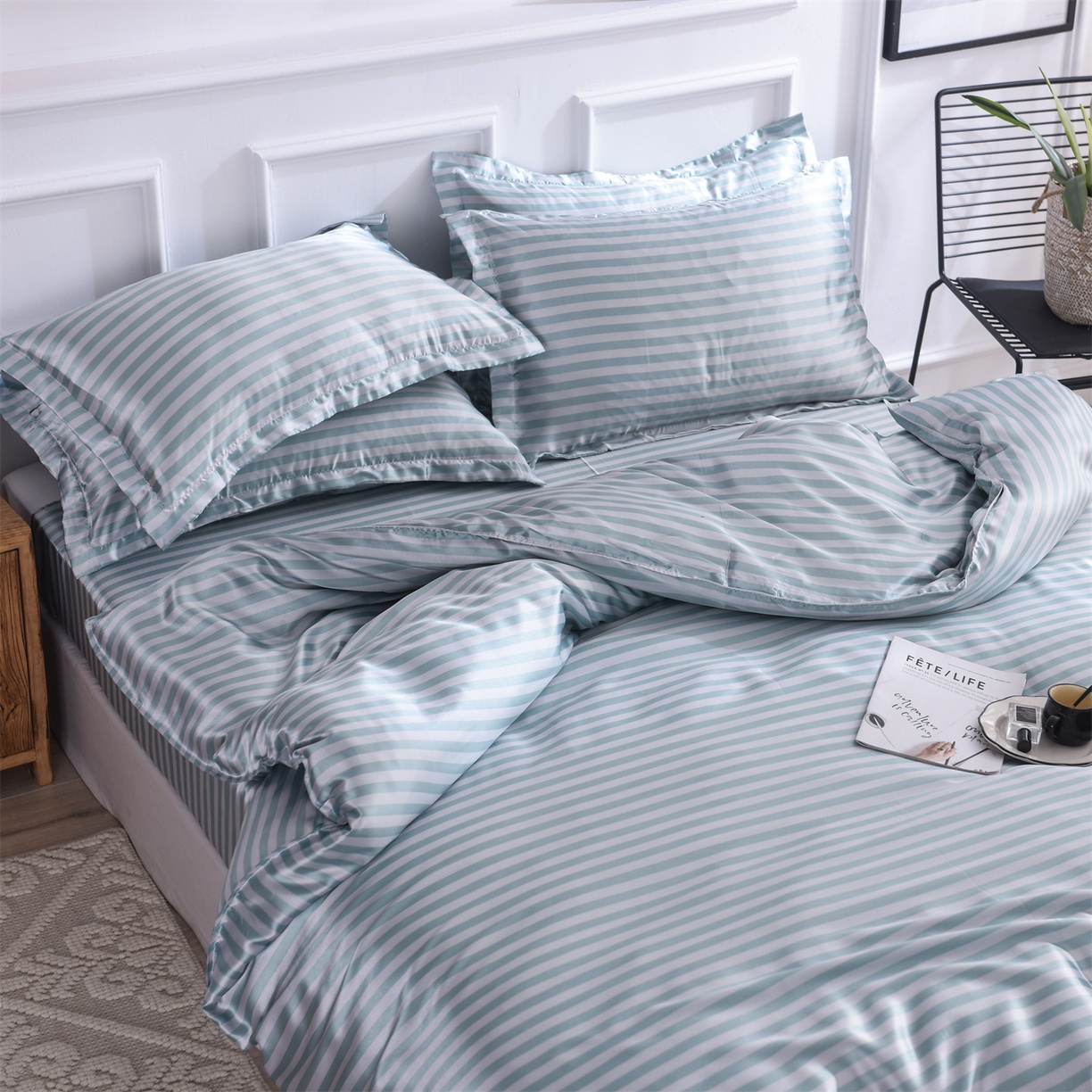 91家纺网 家纺一手货源 找家纺 经年 2026年条纹丝绸冰丝四件套 浅绿中条