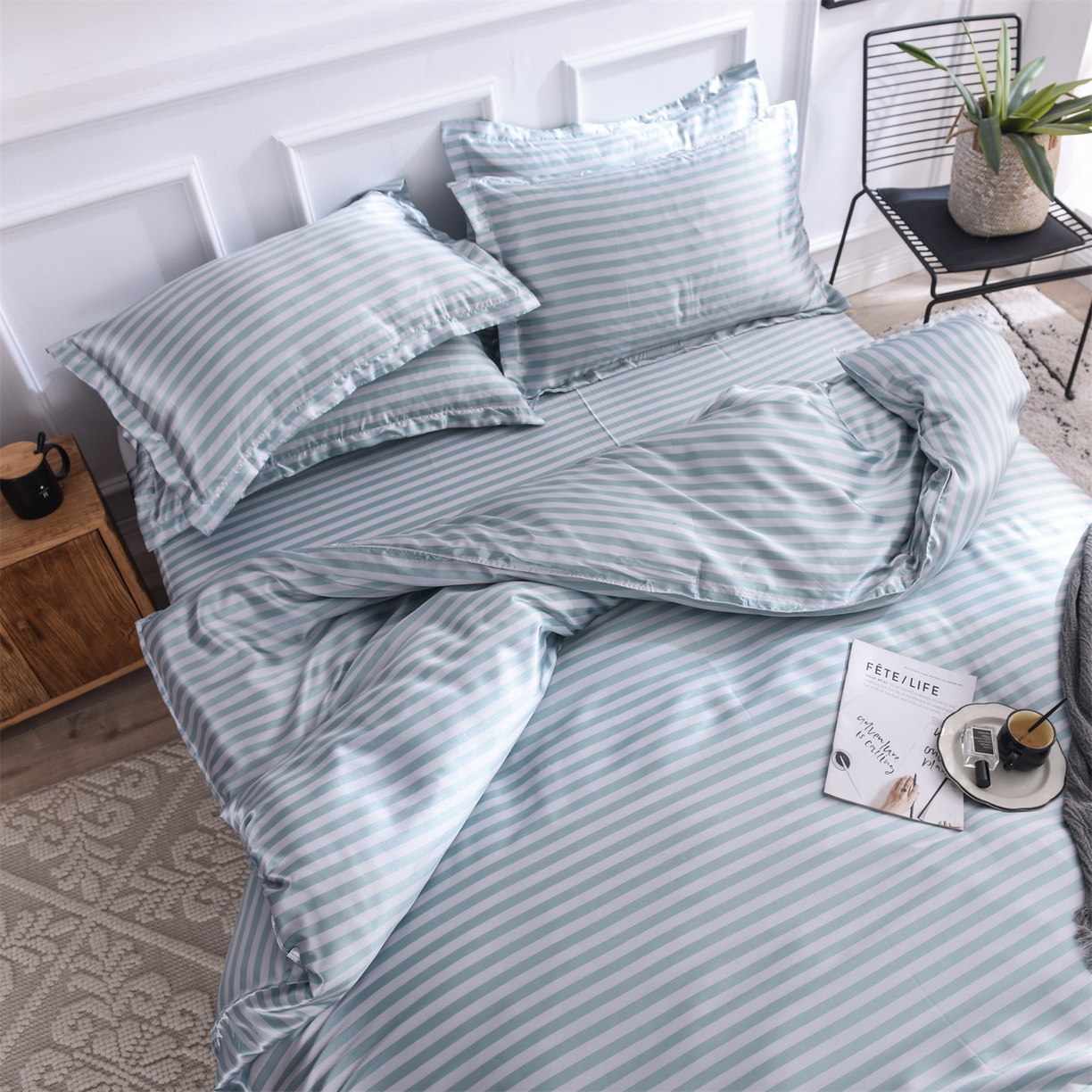 91家纺网 家纺一手货源 找家纺 经年 2026年条纹丝绸冰丝四件套 浅绿中条