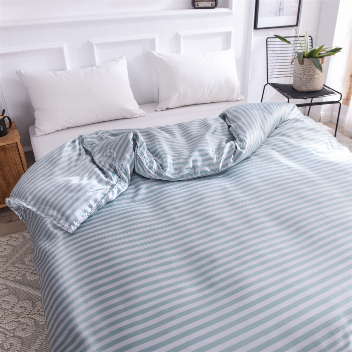 91家纺网 家纺一手货源 找家纺 经年 2026年条纹丝绸冰丝四件套 浅绿中条