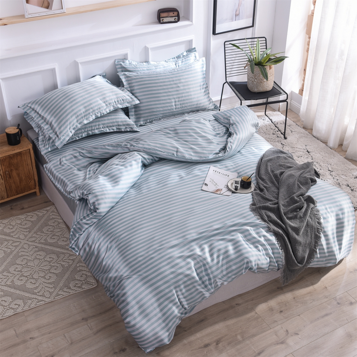 91家纺网 家纺一手货源 找家纺 经年 2026年条纹丝绸冰丝四件套 浅绿中条