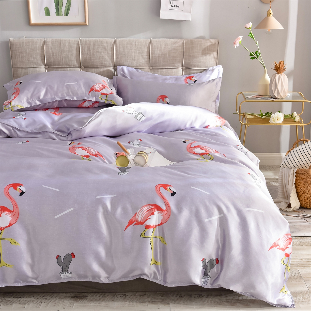 经年 2026新款印花丝绸冰丝四件套 缤纷火烈鸟