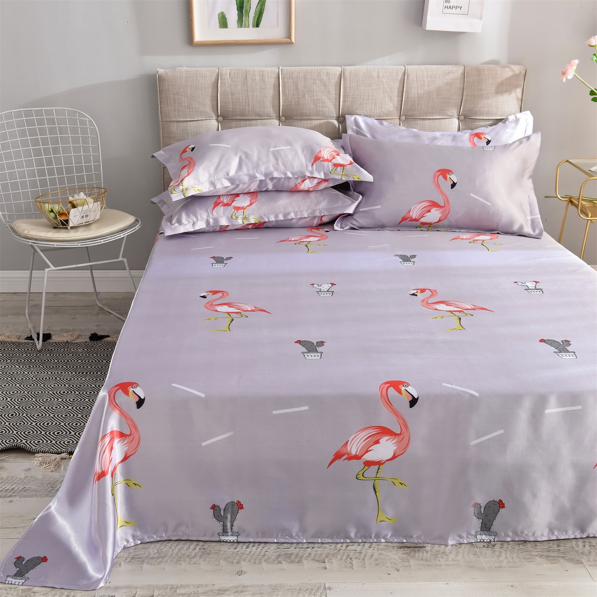 91家纺网 家纺一手货源 找家纺 经年 2026新款印花丝绸冰丝四件套 缤纷火烈鸟