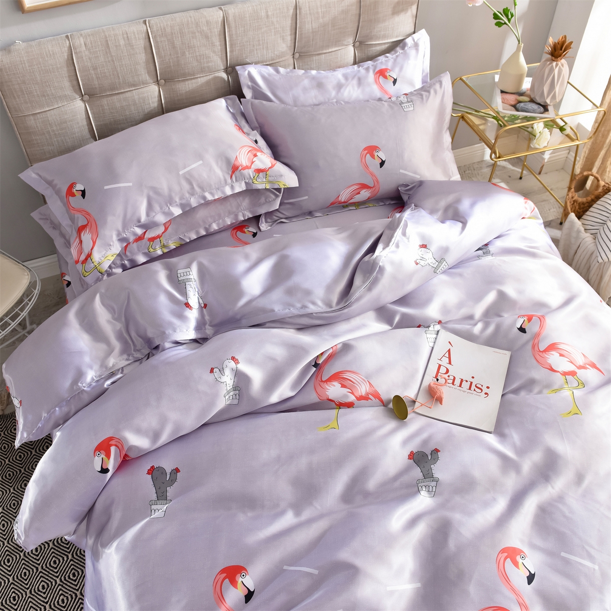 91家纺网 家纺一手货源 找家纺 经年 2026新款印花丝绸冰丝四件套 缤纷火烈鸟