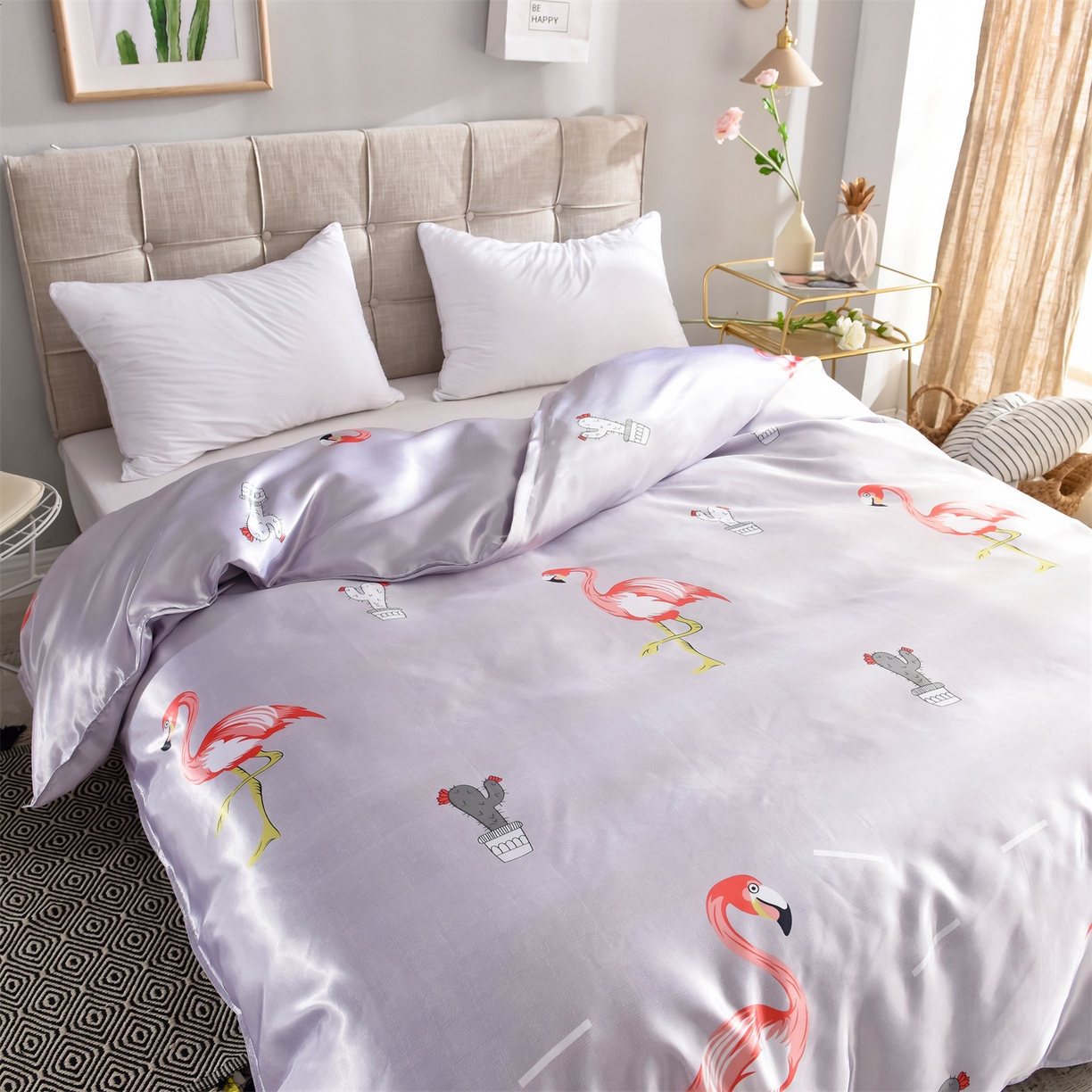 91家纺网 家纺一手货源 找家纺 经年 2026新款印花丝绸冰丝四件套 缤纷火烈鸟