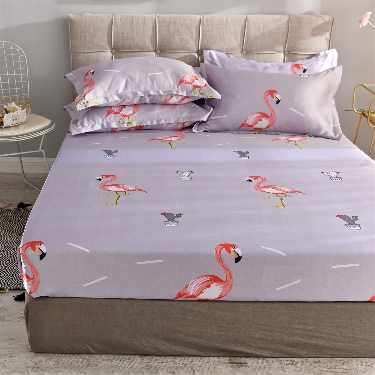 91家纺网 家纺一手货源 找家纺 经年 2026新款印花丝绸冰丝四件套 缤纷火烈鸟