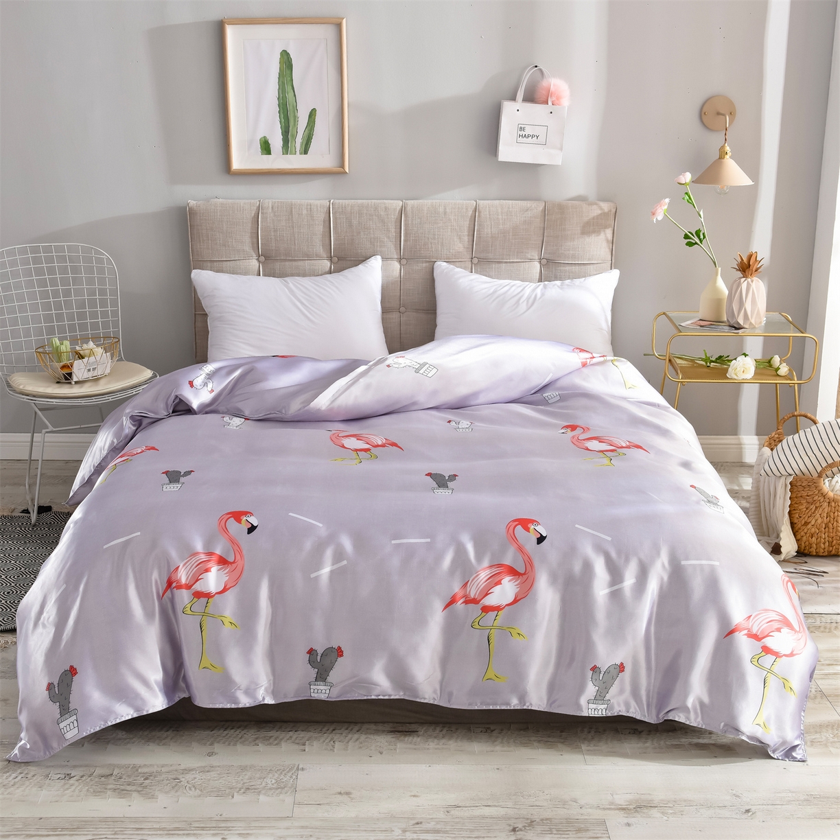 91家纺网 家纺一手货源 找家纺 经年 2026新款印花丝绸冰丝四件套 缤纷火烈鸟