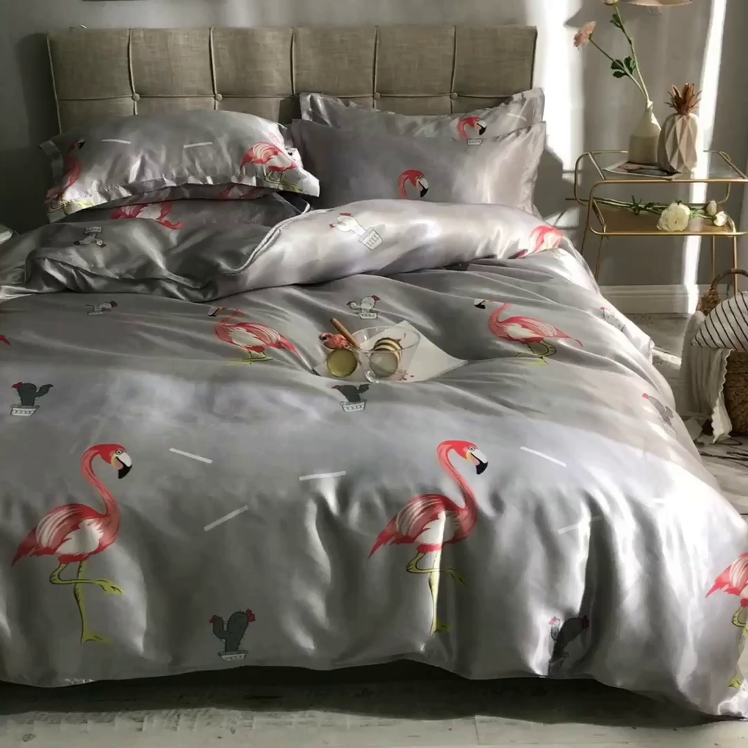 91家纺网 家纺一手货源 找家纺 经年 2026新款印花丝绸冰丝四件套 缤纷火烈鸟