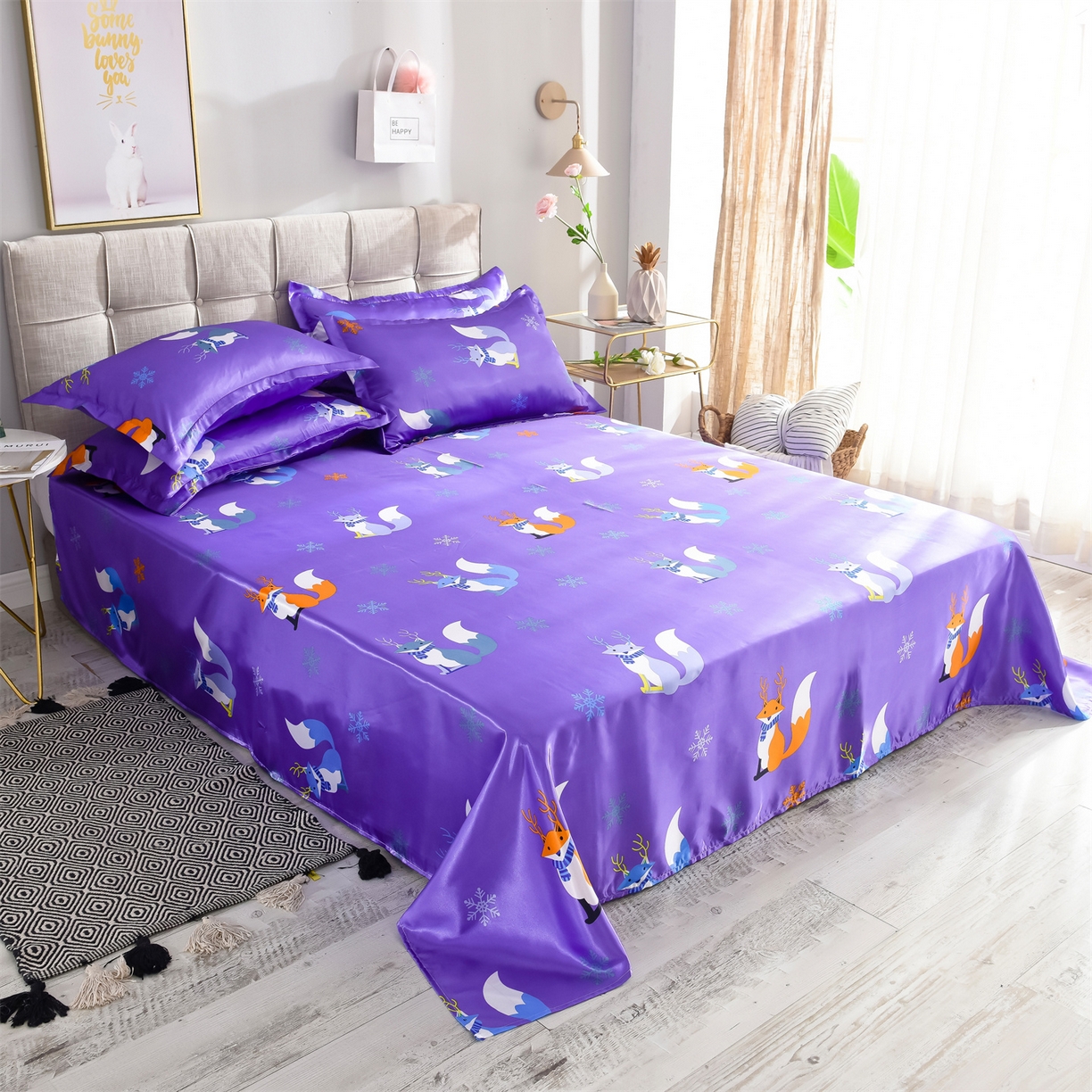 91家纺网 家纺一手货源 找家纺 经年 2026新款印花丝绸冰丝四件套 春日小狸