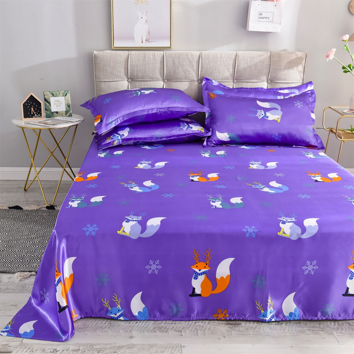 91家纺网 家纺一手货源 找家纺 经年 2026新款印花丝绸冰丝四件套 春日小狸