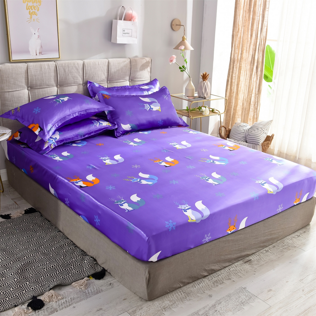 91家纺网 家纺一手货源 找家纺 经年 2026新款印花丝绸冰丝四件套 春日小狸