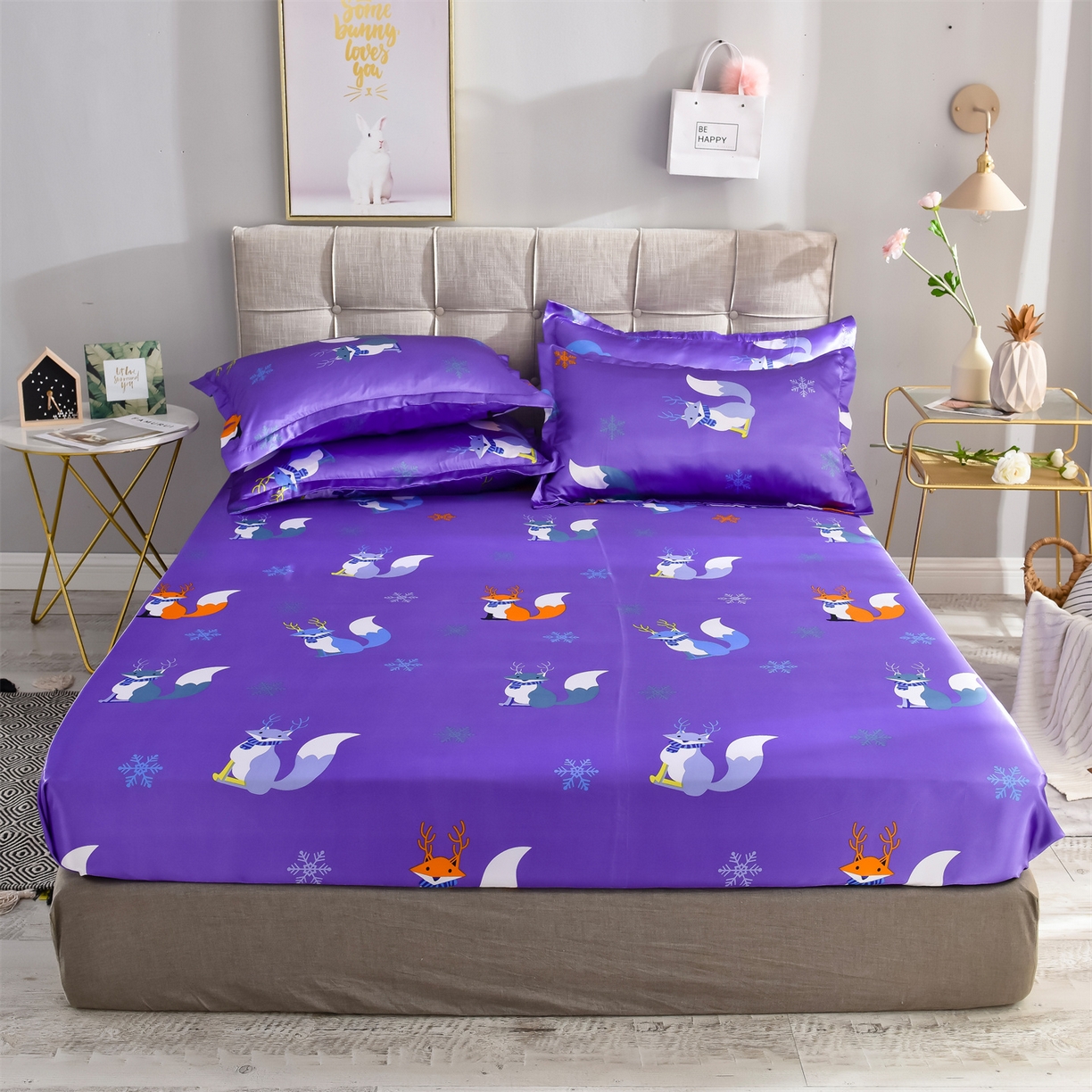 91家纺网 家纺一手货源 找家纺 经年 2026新款印花丝绸冰丝四件套 春日小狸