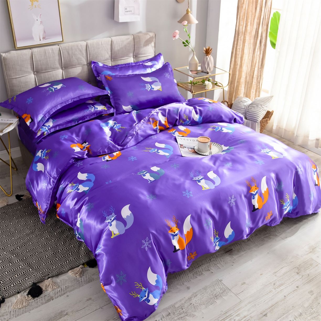 91家纺网 家纺一手货源 找家纺 经年 2026新款印花丝绸冰丝四件套 春日小狸