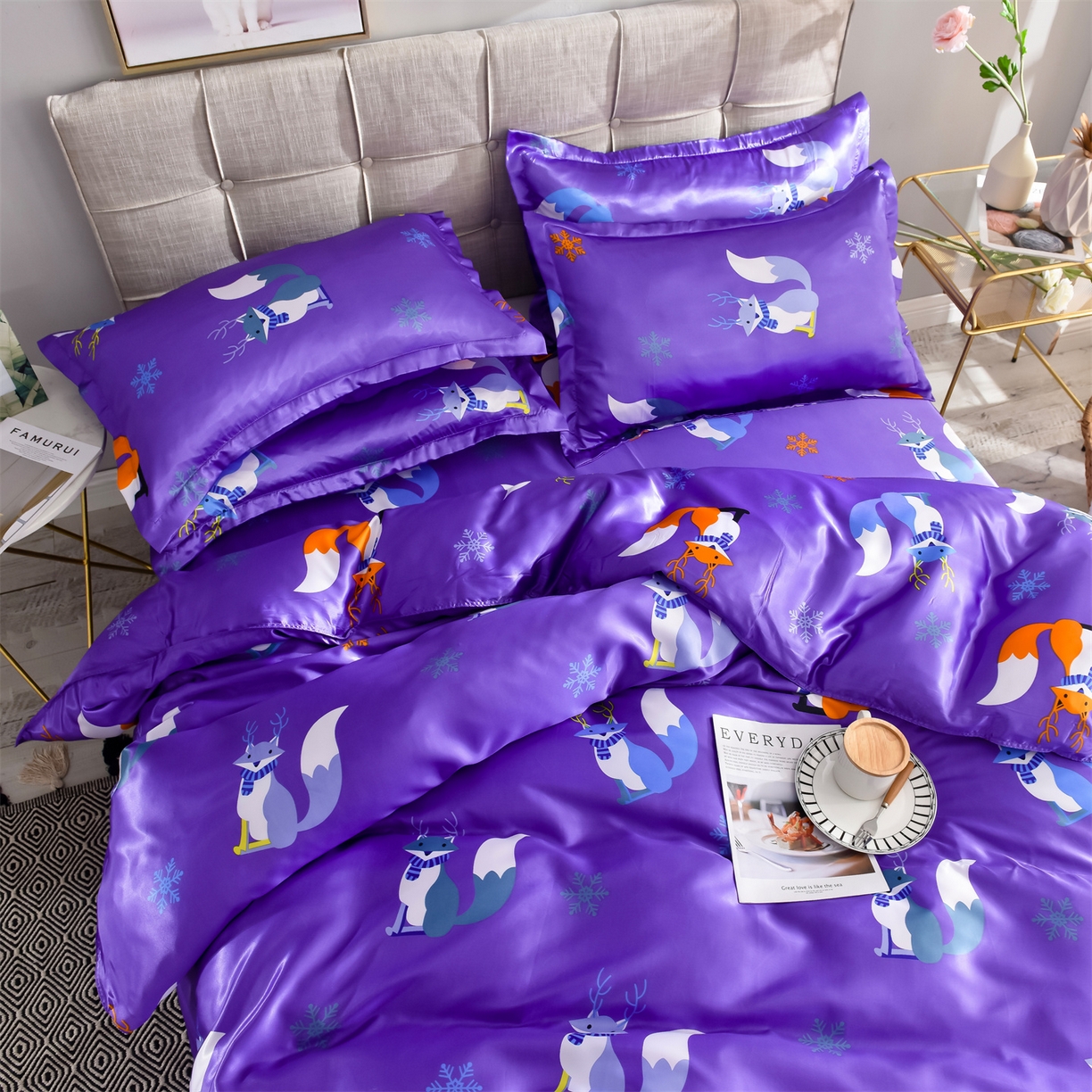 91家纺网 家纺一手货源 找家纺 经年 2026新款印花丝绸冰丝四件套 春日小狸