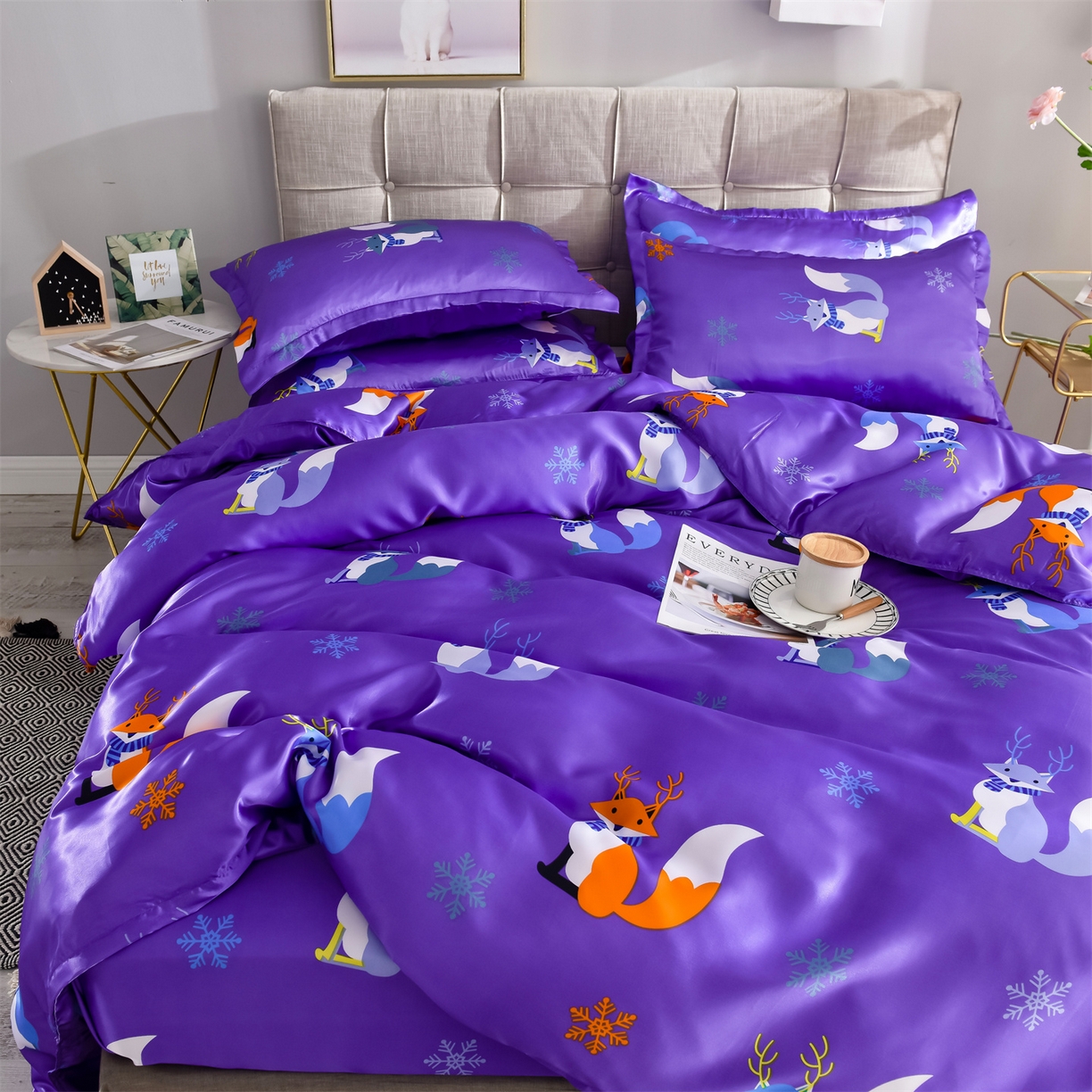 91家纺网 家纺一手货源 找家纺 经年 2026新款印花丝绸冰丝四件套 春日小狸