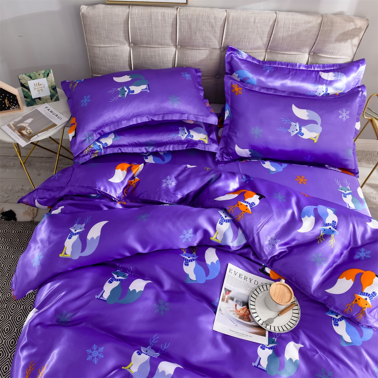 91家纺网 家纺一手货源 找家纺 经年 2026新款印花丝绸冰丝四件套 春日小狸