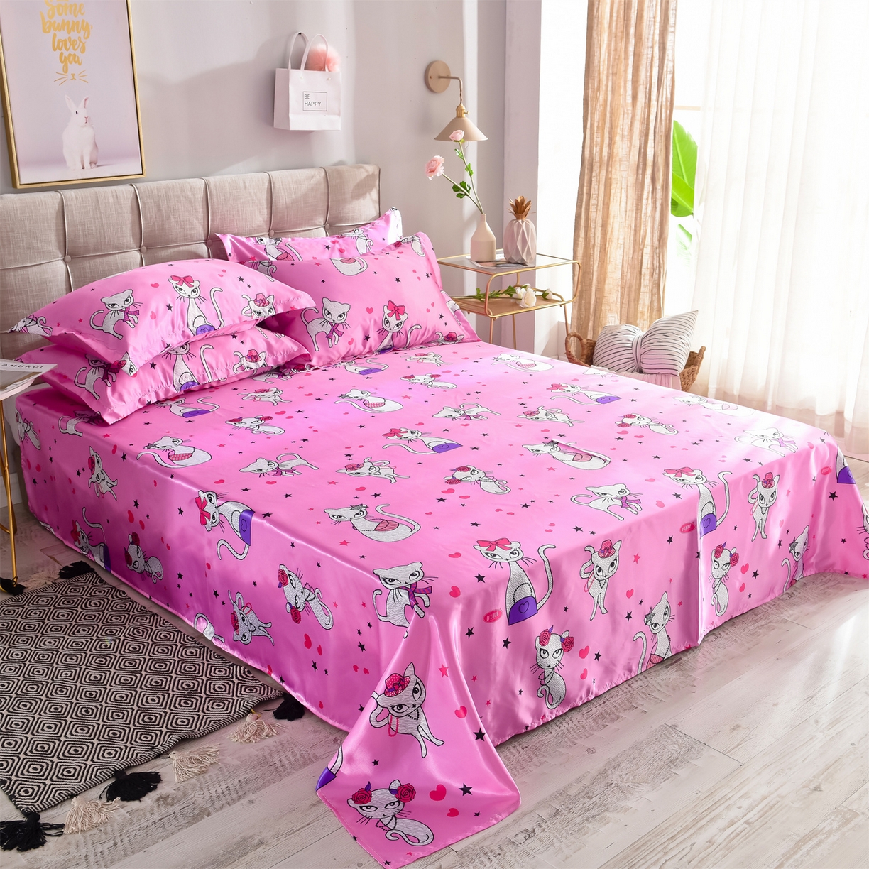 91家纺网 家纺一手货源 找家纺 经年 2026新款印花丝绸冰丝四件套 公主猫