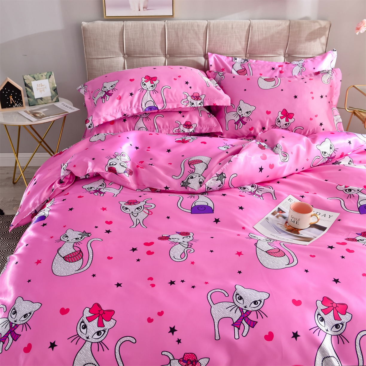 91家纺网 家纺一手货源 找家纺 经年 2026新款印花丝绸冰丝四件套 公主猫