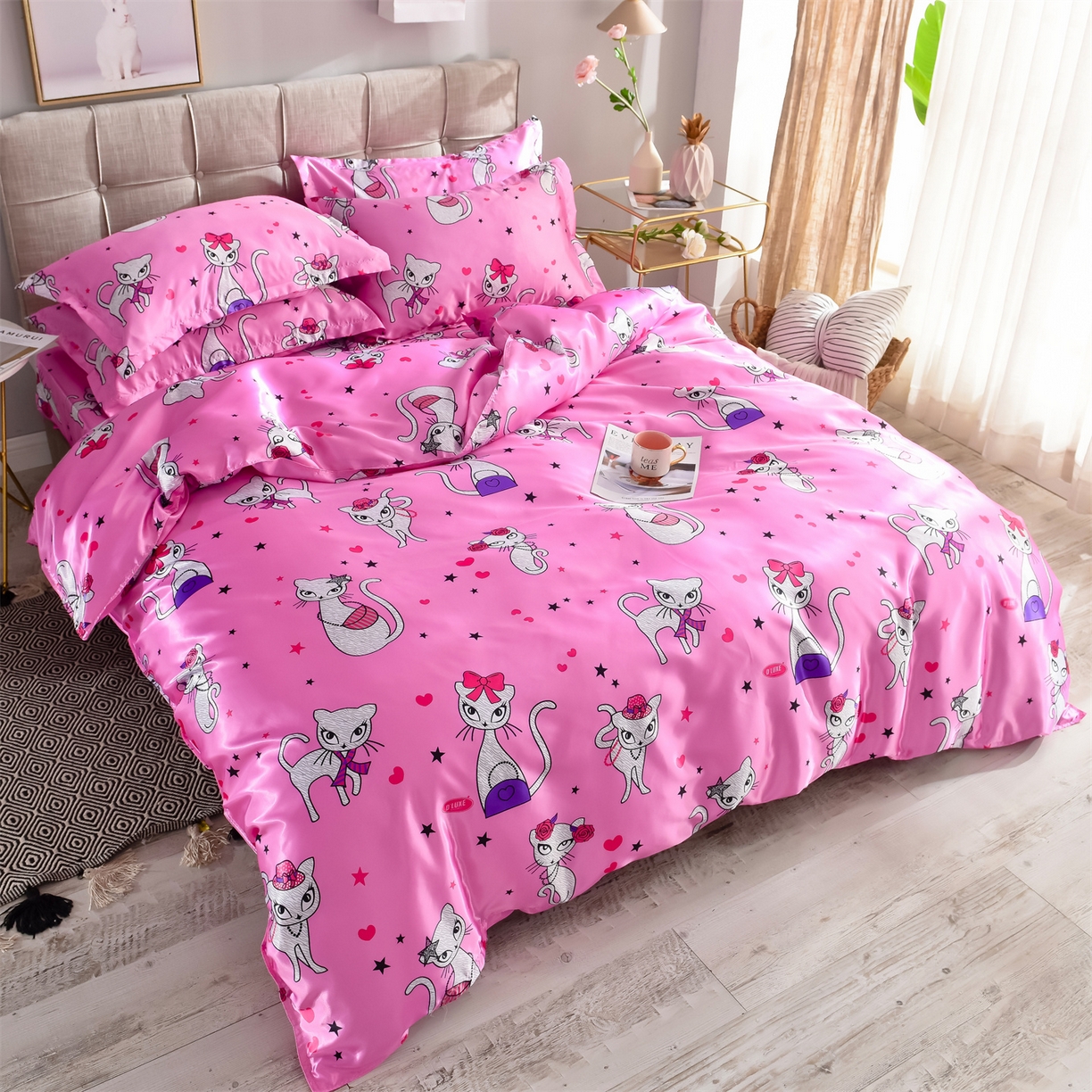 91家纺网 家纺一手货源 找家纺 经年 2026新款印花丝绸冰丝四件套 公主猫