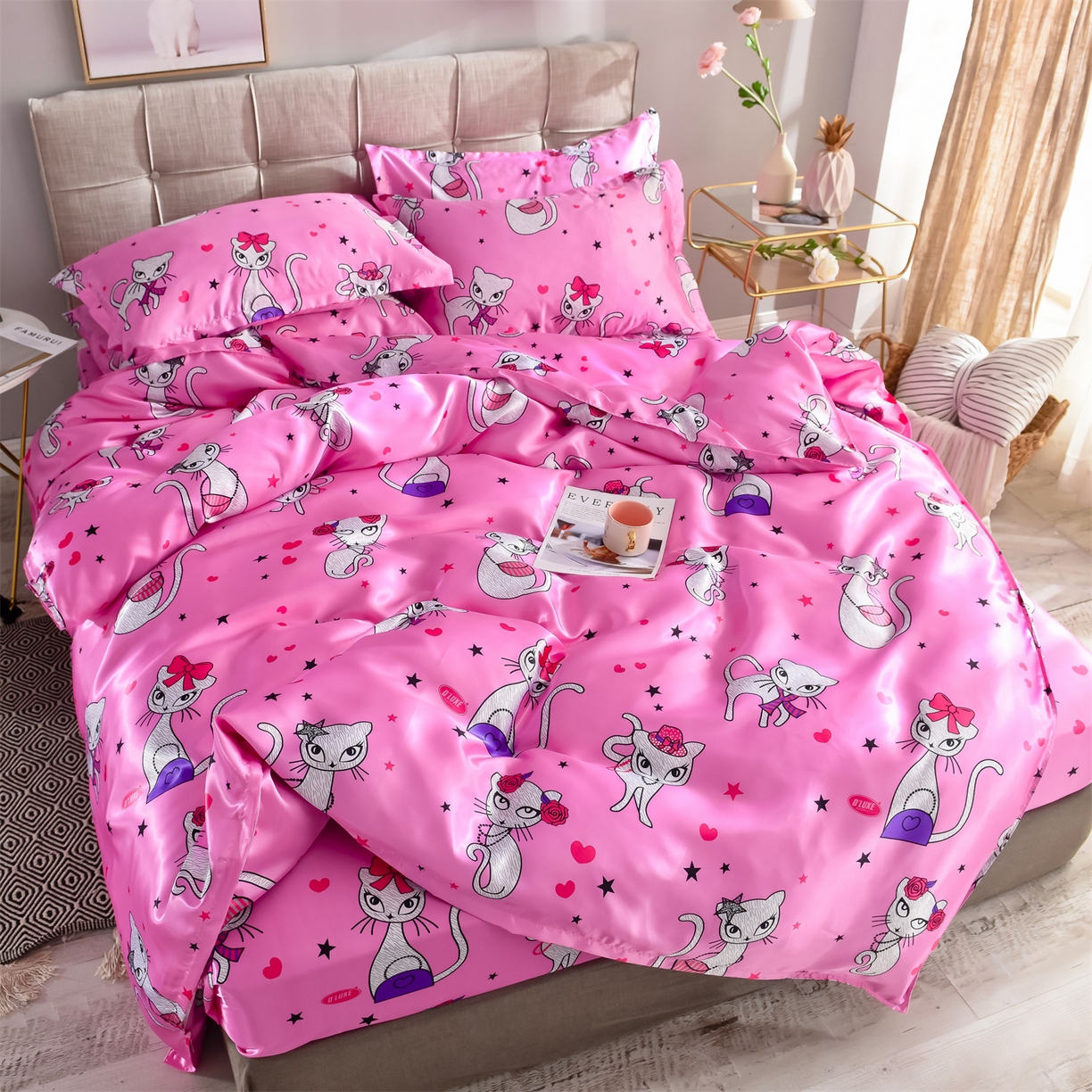 91家纺网 家纺一手货源 找家纺 经年 2026新款印花丝绸冰丝四件套 公主猫