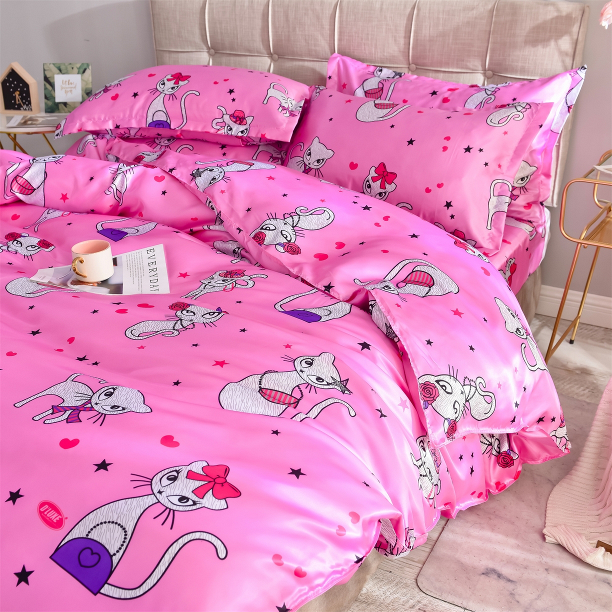 91家纺网 家纺一手货源 找家纺 经年 2026新款印花丝绸冰丝四件套 公主猫