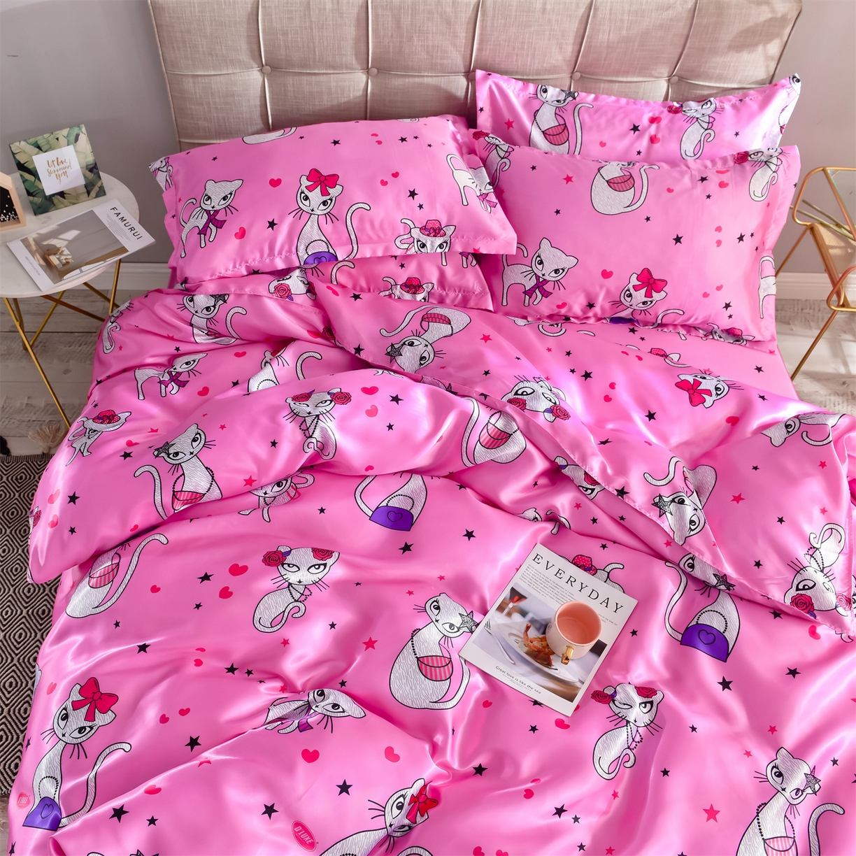 91家纺网 家纺一手货源 找家纺 经年 2026新款印花丝绸冰丝四件套 公主猫