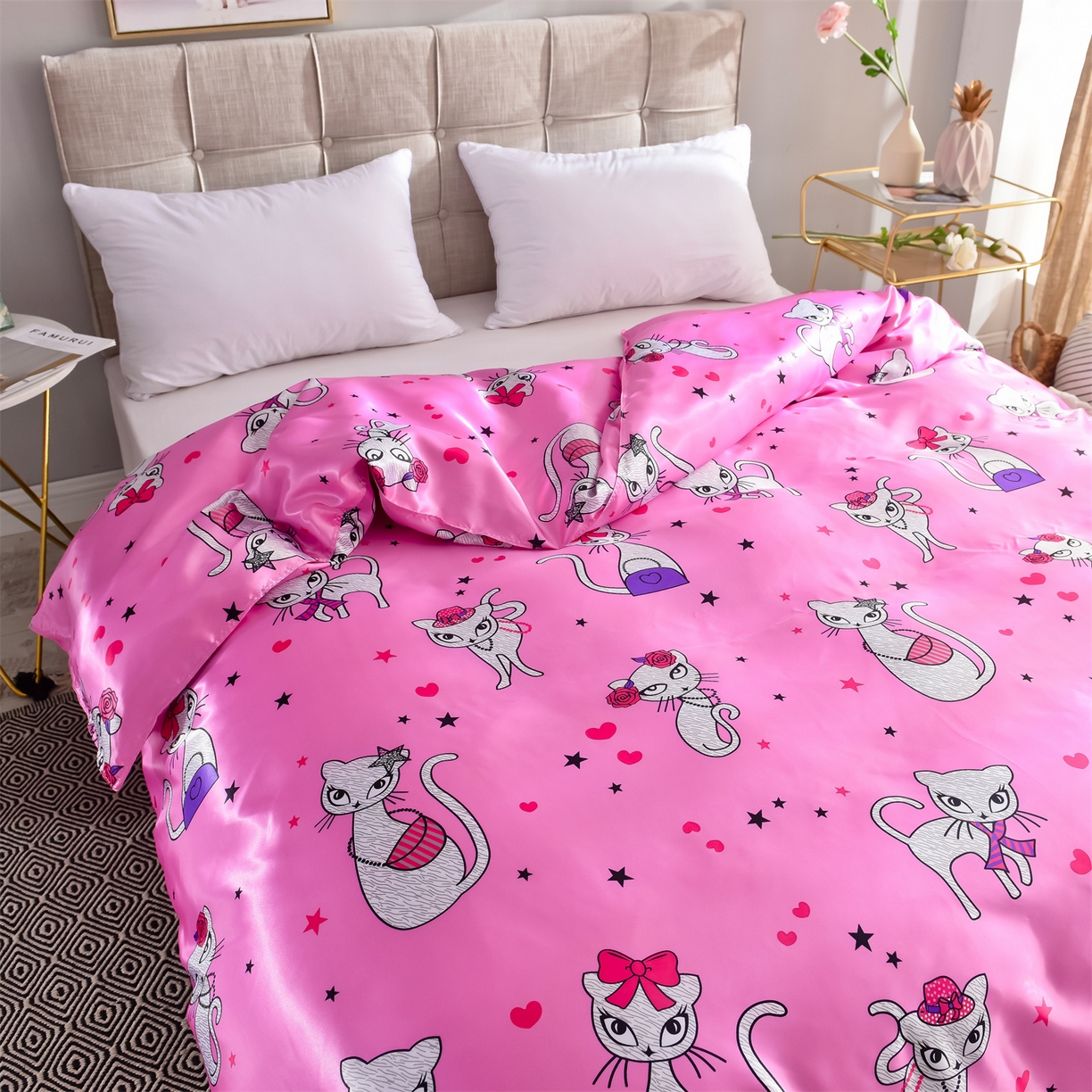 91家纺网 家纺一手货源 找家纺 经年 2026新款印花丝绸冰丝四件套 公主猫