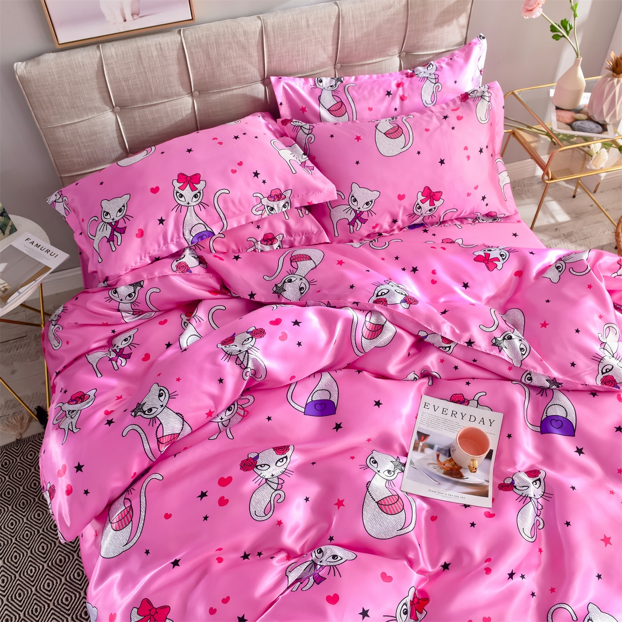 91家纺网 家纺一手货源 找家纺 经年 2026新款印花丝绸冰丝四件套 公主猫