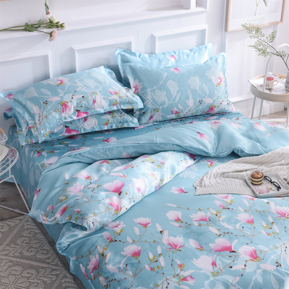 91家纺网 家纺一手货源 找家纺 经年 2026新款印花丝绸冰丝四件套 满意花枝