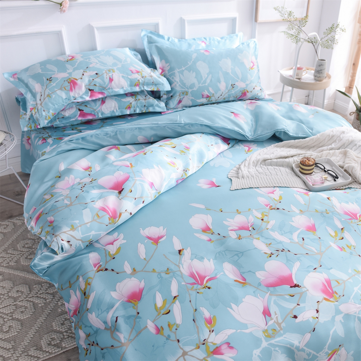 91家纺网 家纺一手货源 找家纺 经年 2026新款印花丝绸冰丝四件套 满意花枝