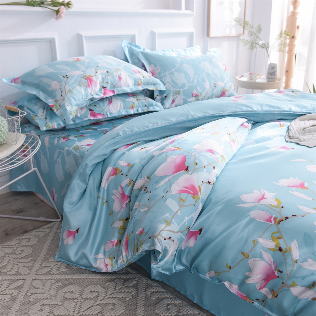 91家纺网 家纺一手货源 找家纺 经年 2026新款印花丝绸冰丝四件套 满意花枝