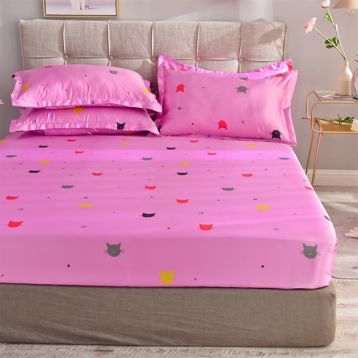 91家纺网 家纺一手货源 找家纺 经年 2026新款印花丝绸冰丝四件套 喵星人