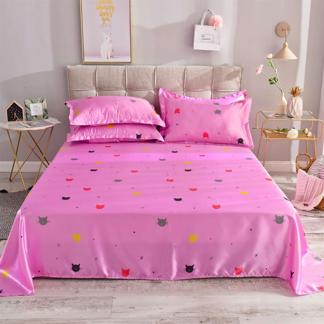 91家纺网 家纺一手货源 找家纺 经年 2026新款印花丝绸冰丝四件套 喵星人